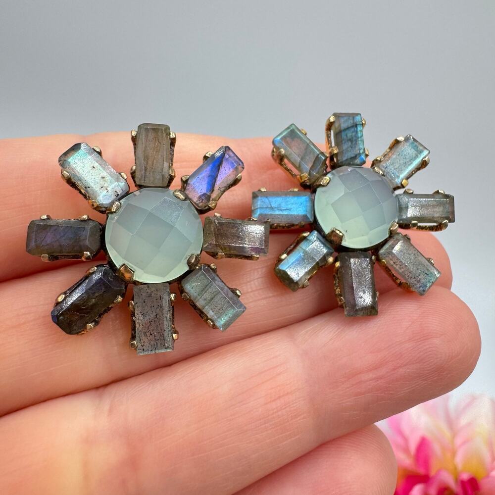 Labradorite Baguette Faceted Chalcedony 925 Sterling Silver Sunburst Earrings - Picture 7 of 14
